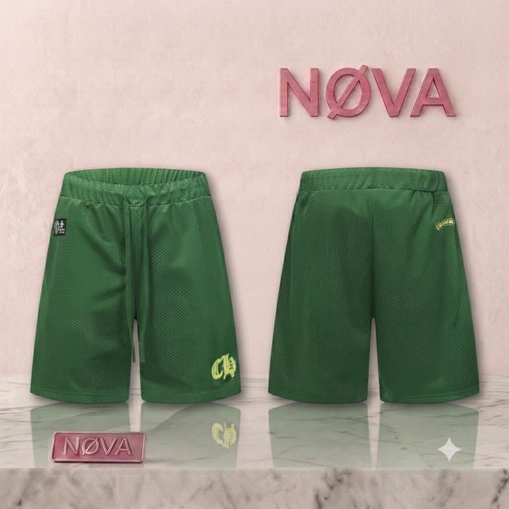 Green mesh stadium football jersey shorts featuring a drawstring waist and embroidered logo detailing.