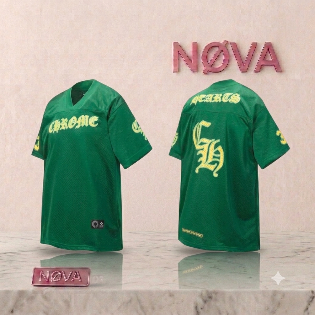 Green short-sleeve football jersey featuring "CHROME" and "HEARTS" in yellow lettering on the front and back.