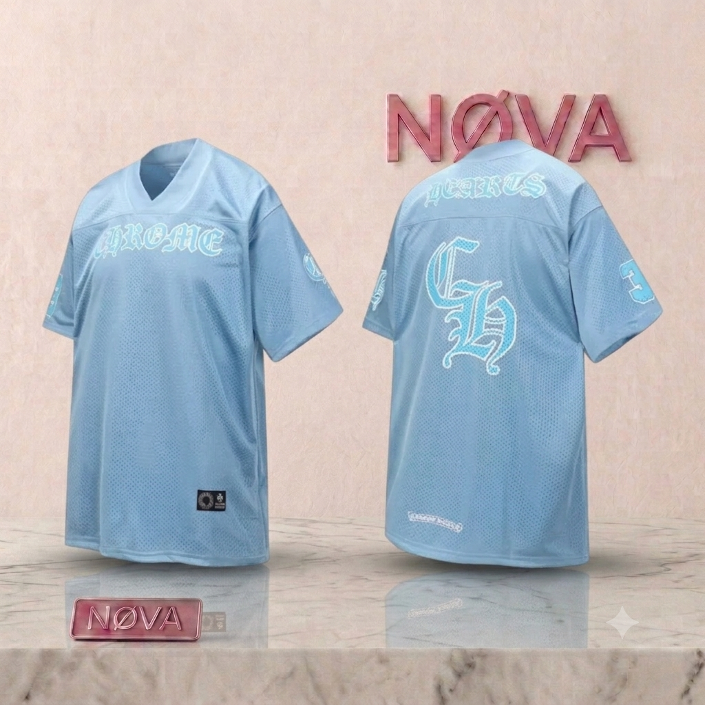 Light blue short sleeve mesh football jersey featuring "CHROME" and "HEARTS" prints in contrasting light blue.