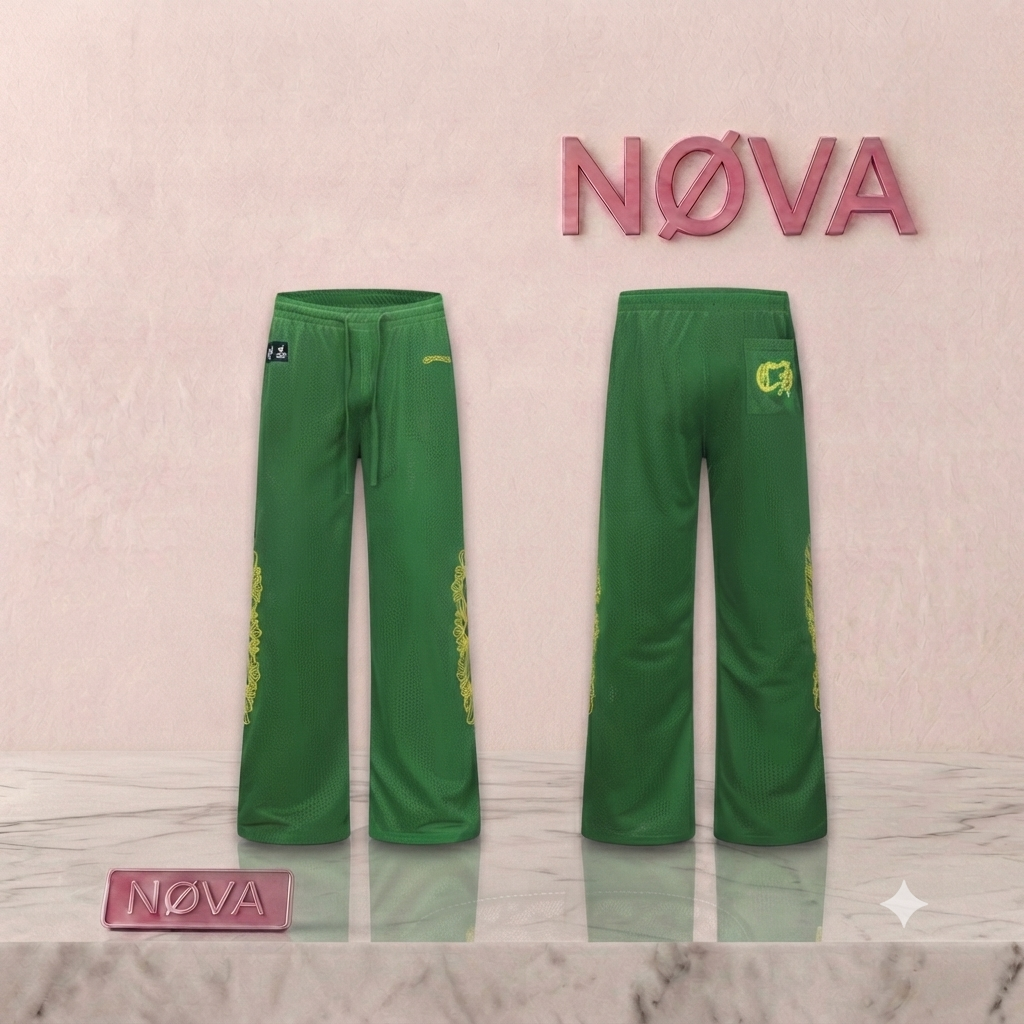 Green mesh varsity sweatpants featuring yellow decorative embroidery and side pockets for a sporty look.