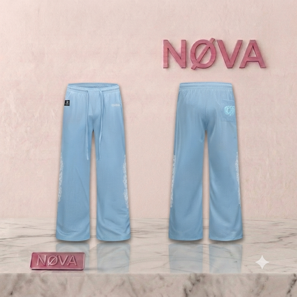 Light blue mesh varsity sweatpants featuring a relaxed fit, embroidered detailing on the sides, and an adjustable drawstring waist.