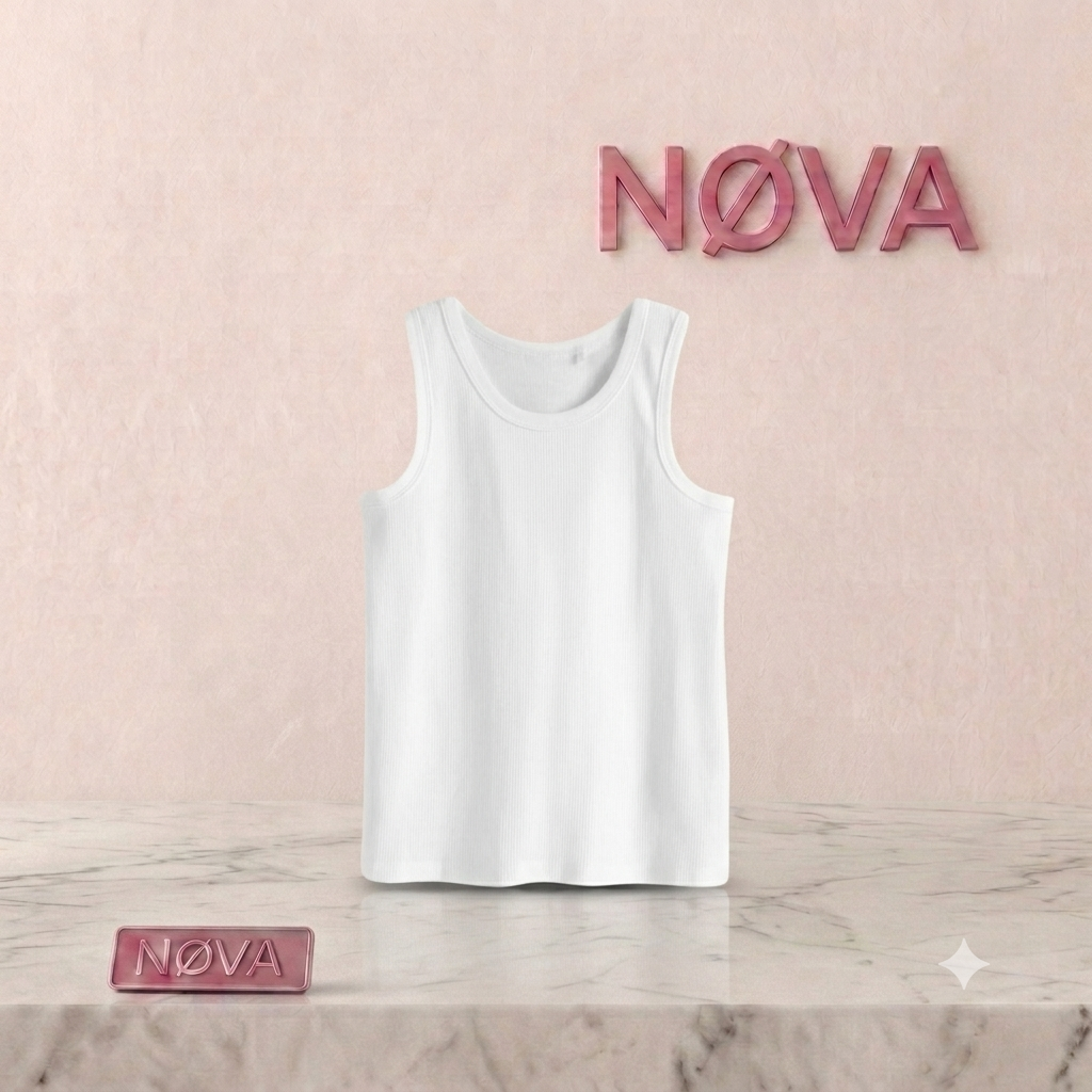 White NØVA Basics Tank Top is displayed on a marble surface with a soft pink background, showcasing a classic sleeveless design.