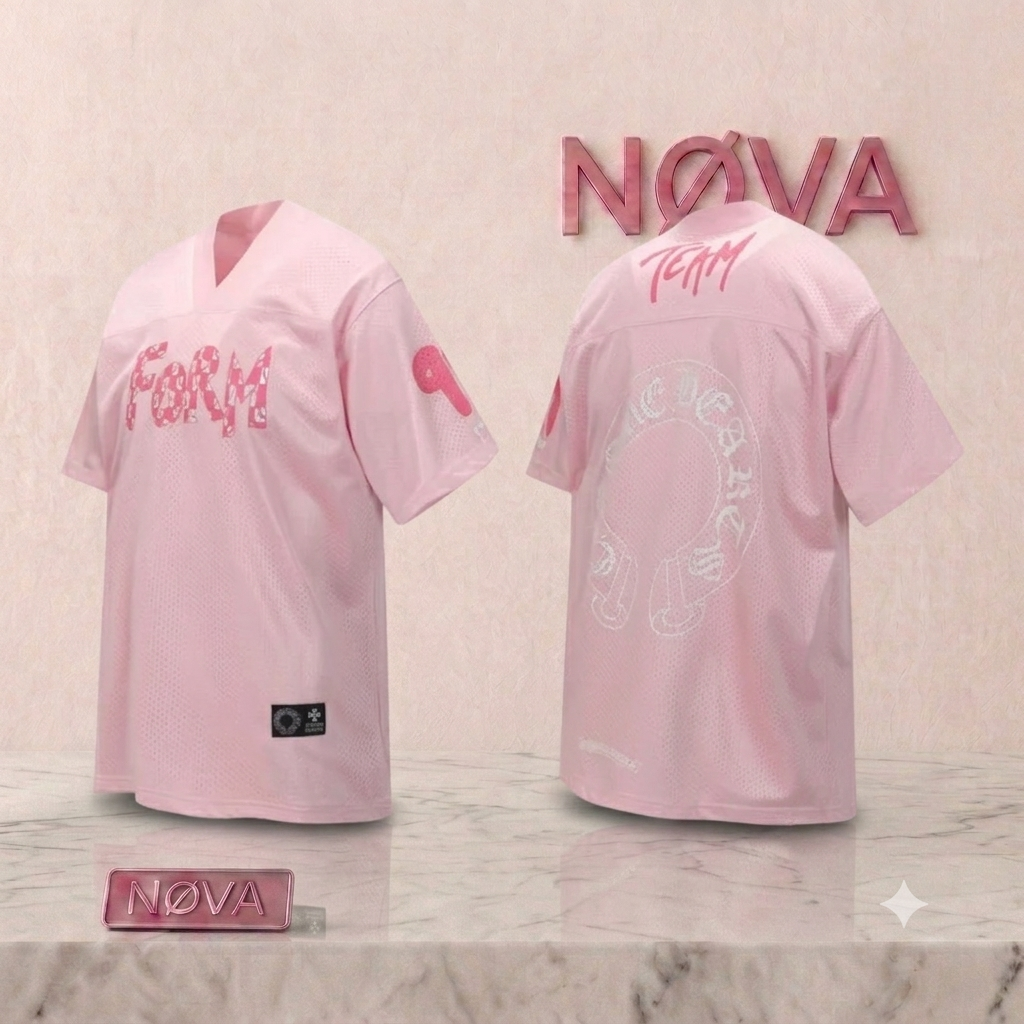Short sleeve pink football jersey featuring the word "FORM" in a decorative font and the number "9" on the sleeve.