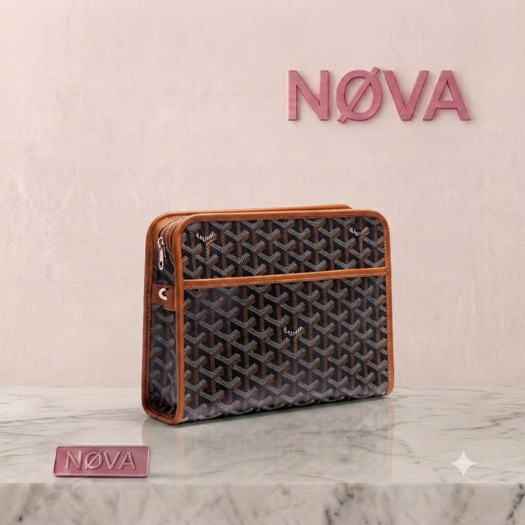 Goyard Jouvence Toiletry Bag features a patterned black exterior with tan leather trim and a zippered closure.