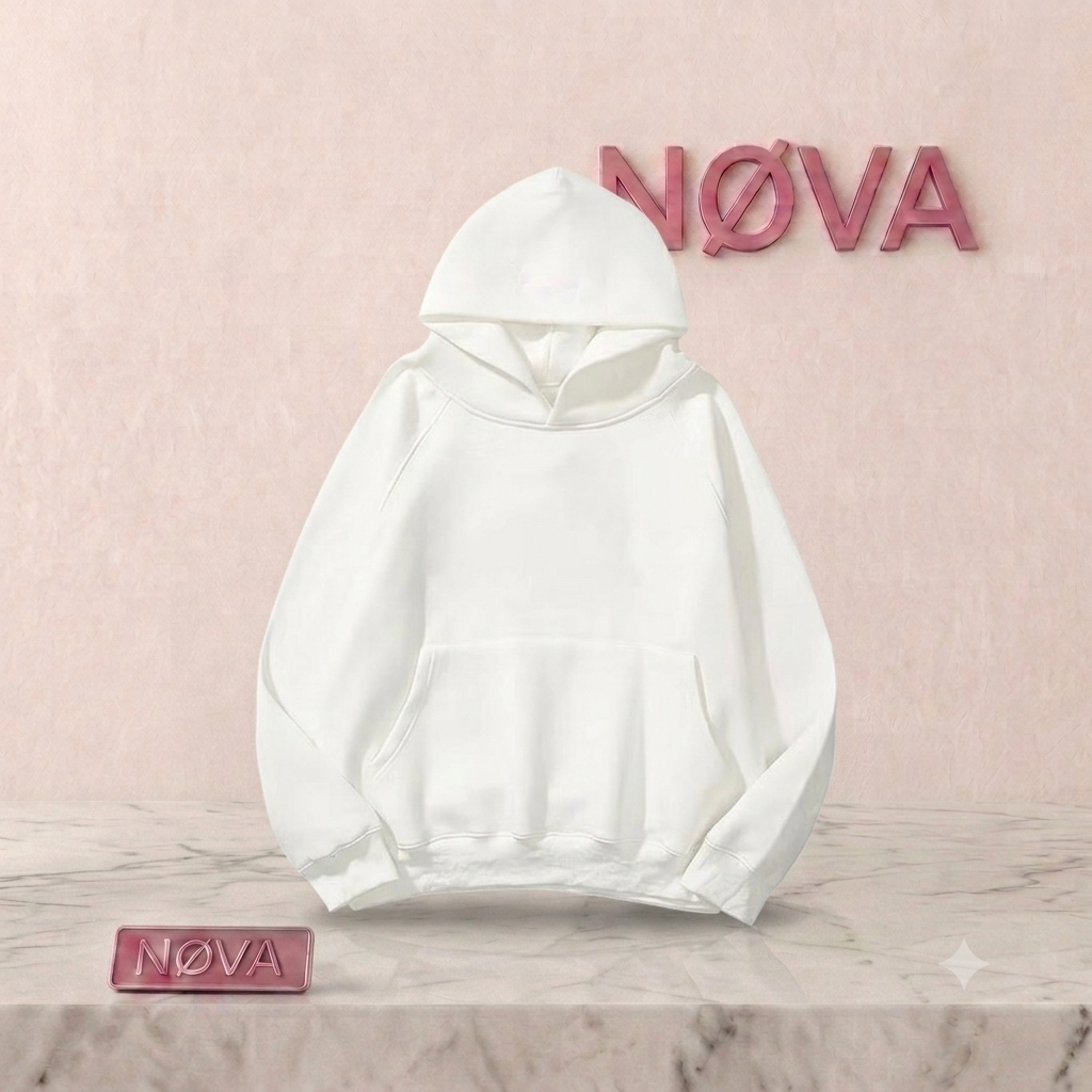 White NØVA Basics Hoodie with a large front pocket, oversized fit, and a soft, smooth fabric finish.