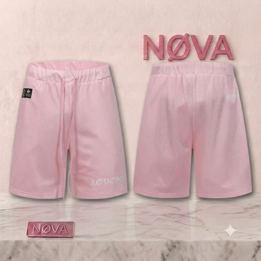 Pink mesh shorts featuring a drawstring waistband and "LOVE" text detail on the front, designed in a sporty style.