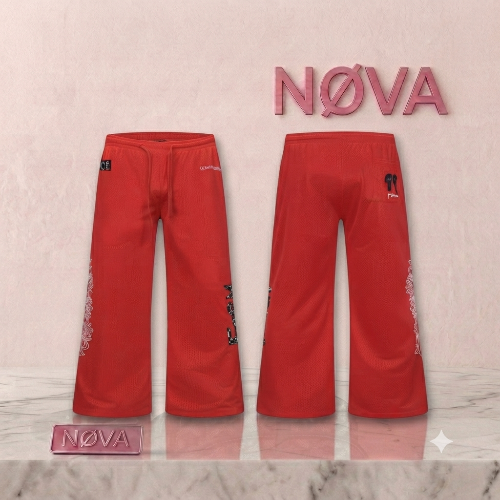 Red mesh sweatpants with a relaxed fit, featuring black designs on the sides and drawstring waist. Casual style.