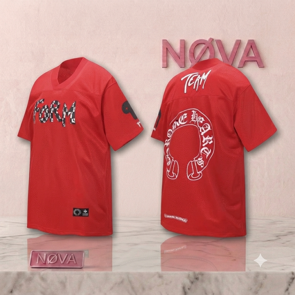 Red short sleeve football jersey featuring "FORM" on the front and "TEAM" on the back, with logo details on the sleeves.